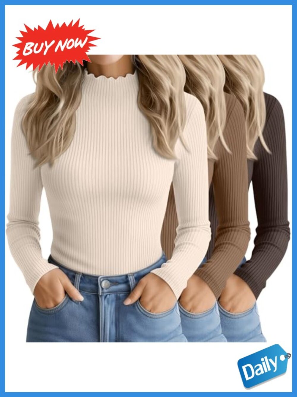 Women's Cotton Mockneck Ribbed Long Sleeve Tops 3 Pack Casual Layering